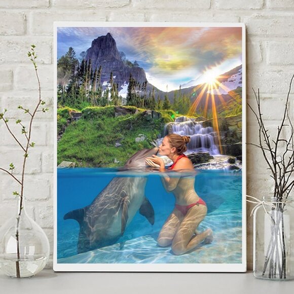 NobleCaptures Other - 11x14 Dolphin Kissing Woman Waterfall Majestic Watercolor Oil Painting Print